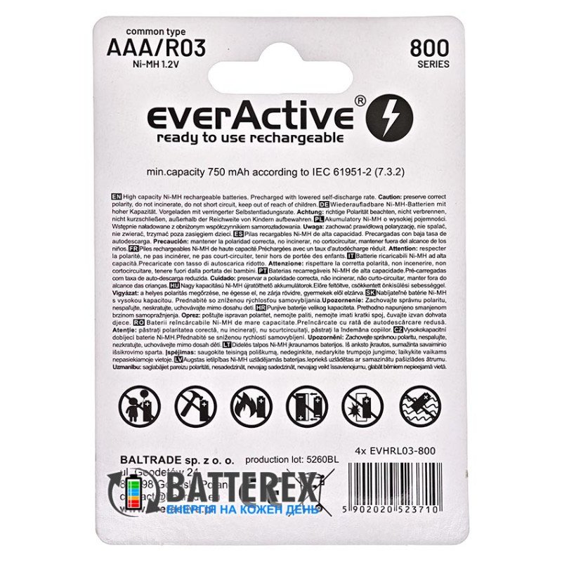 Аккумуляторы AAA EverActive 800 mah Silver Line, картонная упаковка 4 шт.
