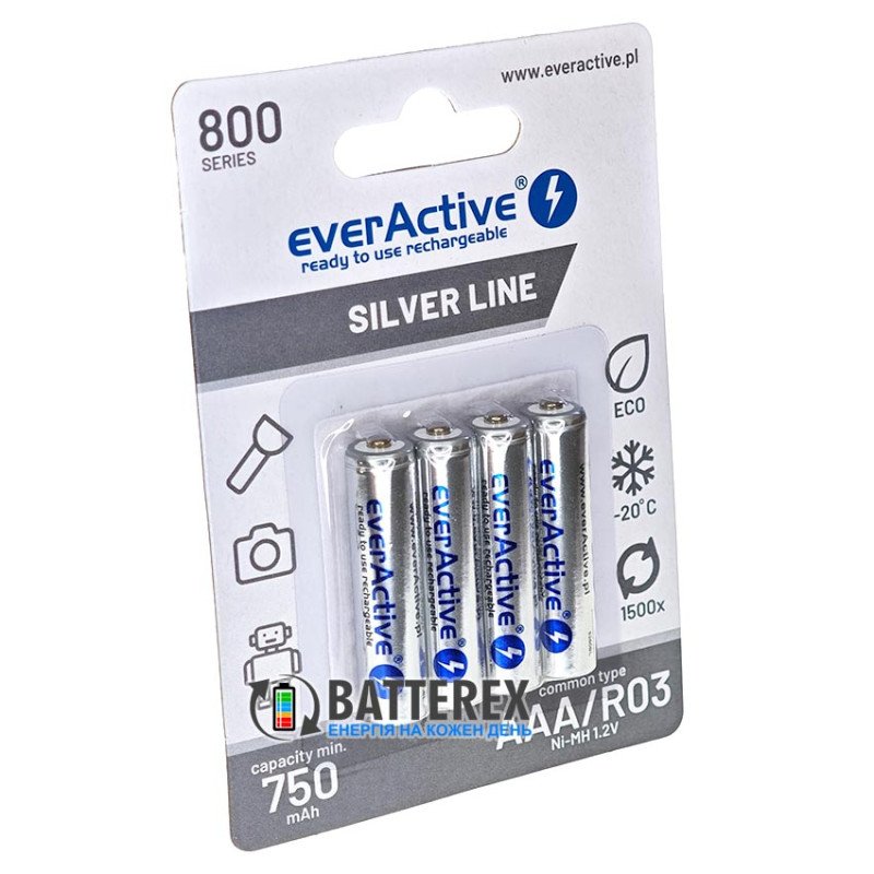 Аккумуляторы AAA EverActive 800 mah Silver Line, картонная упаковка 4 шт.