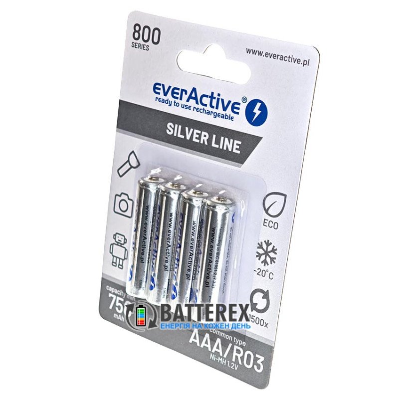 Аккумуляторы AAA EverActive 800 mah Silver Line, картонная упаковка 4 шт.