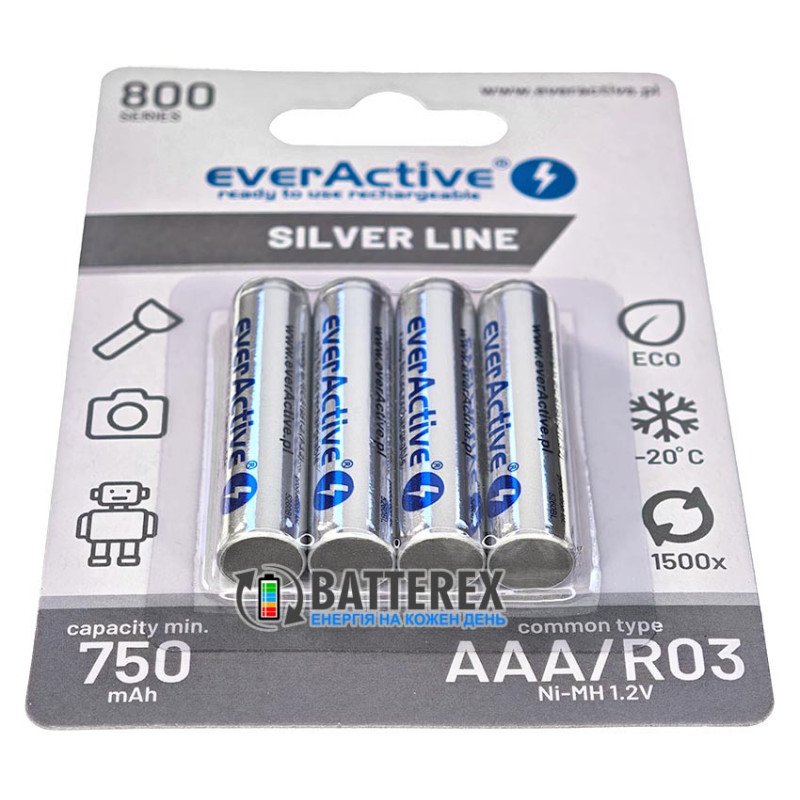 Аккумуляторы AAA EverActive 800 mah Silver Line, картонная упаковка 4 шт.