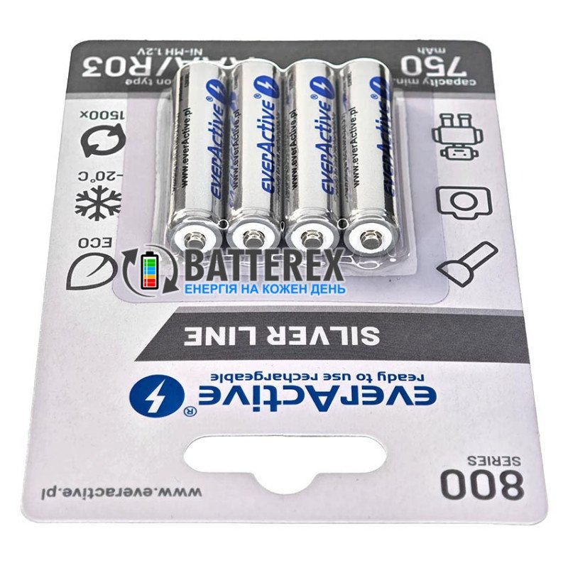 Аккумуляторы AAA EverActive 800 mah Silver Line, картонная упаковка 4 шт.