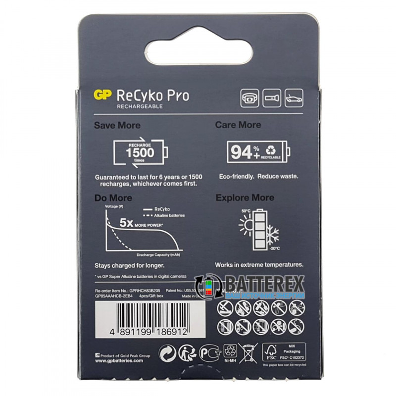 Акумулятори ААА GP Recyko Pro 800mah на 1500 циклів - картонна упаковка 4 штуки