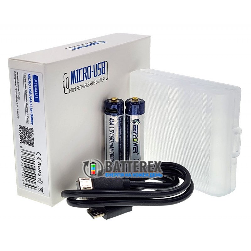 Литиевые ААА аккумуляторы Li-ion Keeppower 1.5V 667mah 1000mWh с зарядкой от USB с постоянным напряжением 1.5В, комплект 2 шт. с зарядным кабелем и боксом