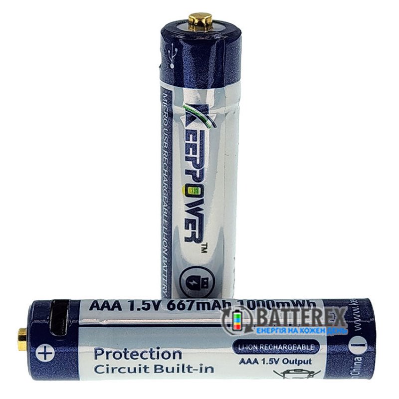 Литиевые ААА аккумуляторы Li-ion Keeppower 1.5V 667mah 1000mWh с зарядкой от USB с постоянным напряжением 1.5В, комплект 2 шт. с зарядным кабелем и боксом