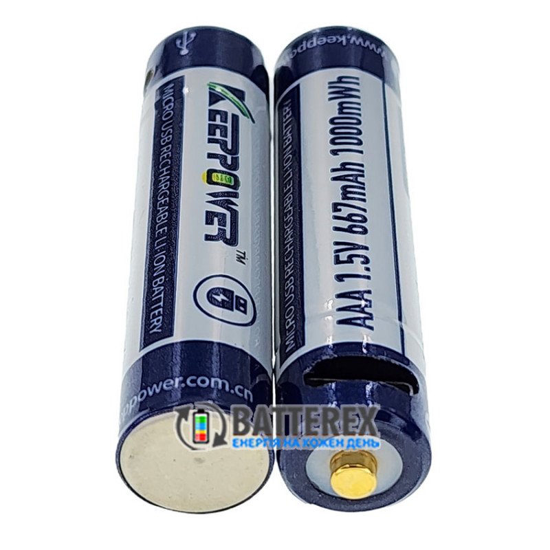 Литиевые ААА аккумуляторы Li-ion Keeppower 1.5V 667mah 1000mWh с зарядкой от USB с постоянным напряжением 1.5В, комплект 2 шт. с зарядным кабелем и боксом