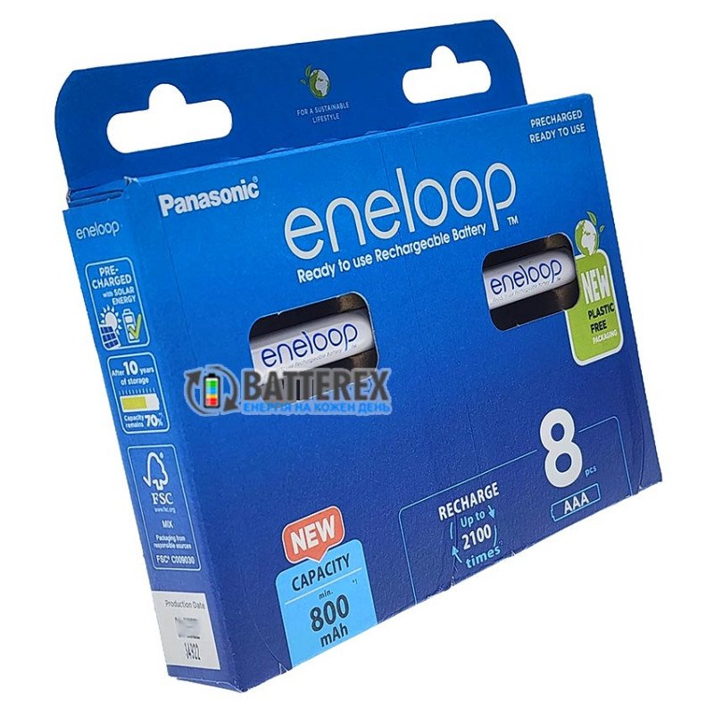 8 аккумуляторов AAA Panasonic Eneloop 800 mah BK-4MCDE 8BE EcoBox в картонной эко-упаковке 