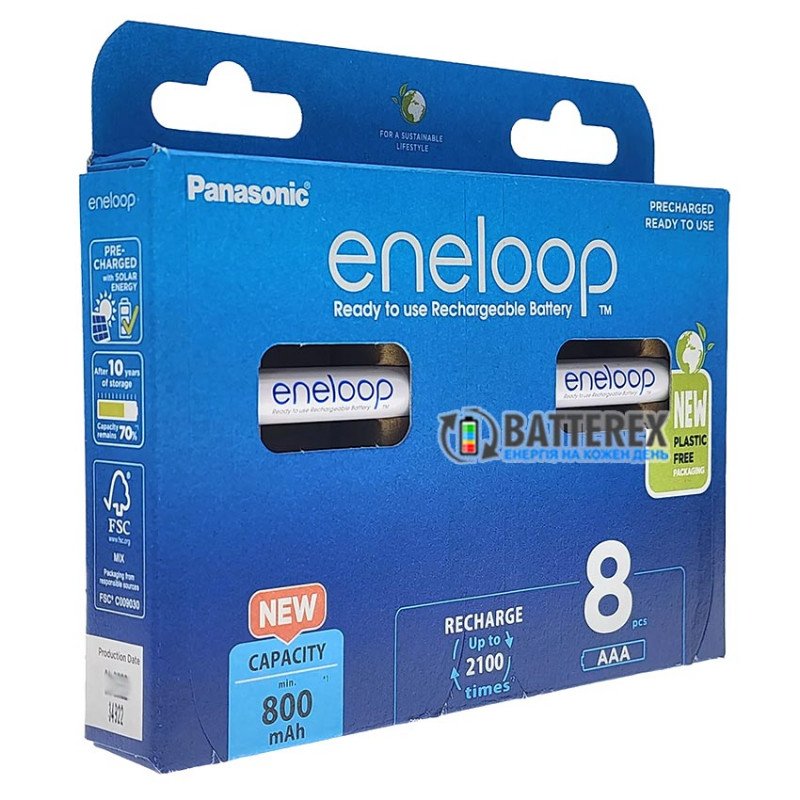 8 аккумуляторов AAA Panasonic Eneloop 800 mah BK-4MCDE 8BE EcoBox в картонной эко-упаковке 
