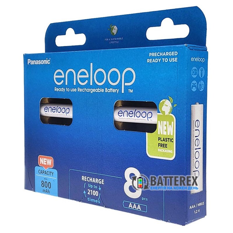 8 аккумуляторов AAA Panasonic Eneloop 800 mah BK-4MCDE 8BE EcoBox в картонной эко-упаковке 