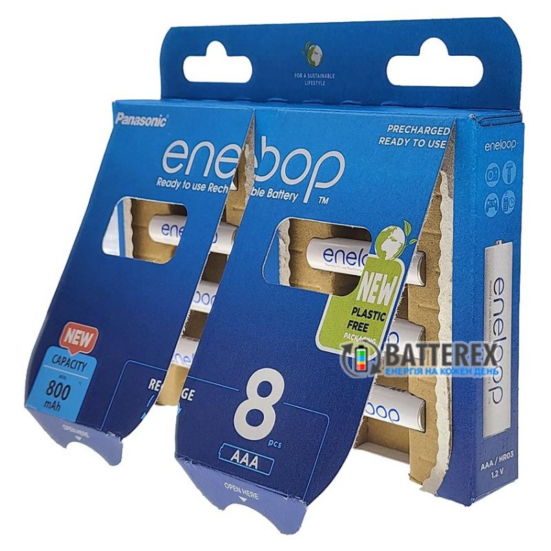 8 аккумуляторов AAA Panasonic Eneloop 800 mah BK-4MCDE 8BE EcoBox в картонной эко-упаковке 