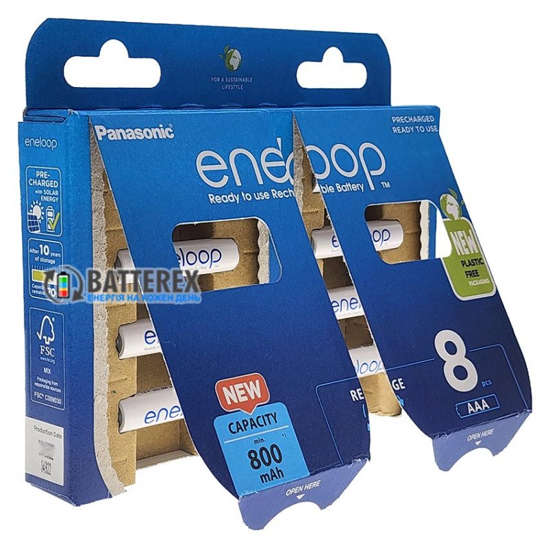 8 аккумуляторов AAA Panasonic Eneloop 800 mah BK-4MCDE 8BE EcoBox в картонной эко-упаковке 