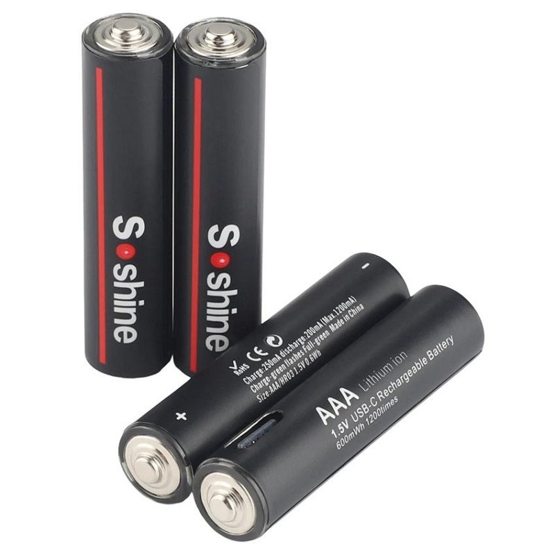 Акумулятори AAA Li-ion Soshine 1.5V 600mWh із зарядкою від USB Type-C - комплект 4 акумулятори, зарядний кабель та бокс для зберігання