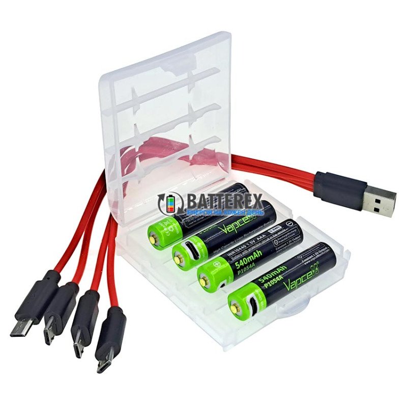 Литиевые USB аккумуляторы AAA Li-ion Vapcell P1054 800mWh 540mah с постоянным напряжением 1.5В и зарядкой от USB, комплект 4 аккумулятора, зарядный кабель и бокс