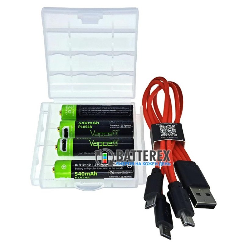 Литиевые USB аккумуляторы AAA Li-ion Vapcell P1054 800mWh 540mah с постоянным напряжением 1.5В и зарядкой от USB, комплект 4 аккумулятора, зарядный кабель и бокс