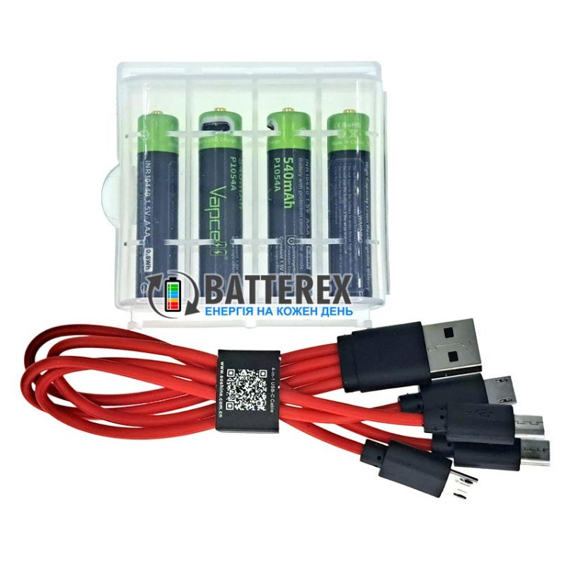 Литиевые USB аккумуляторы AAA Li-ion Vapcell P1054 800mWh 540mah с постоянным напряжением 1.5В и зарядкой от USB, комплект 4 аккумулятора, зарядный кабель и бокс