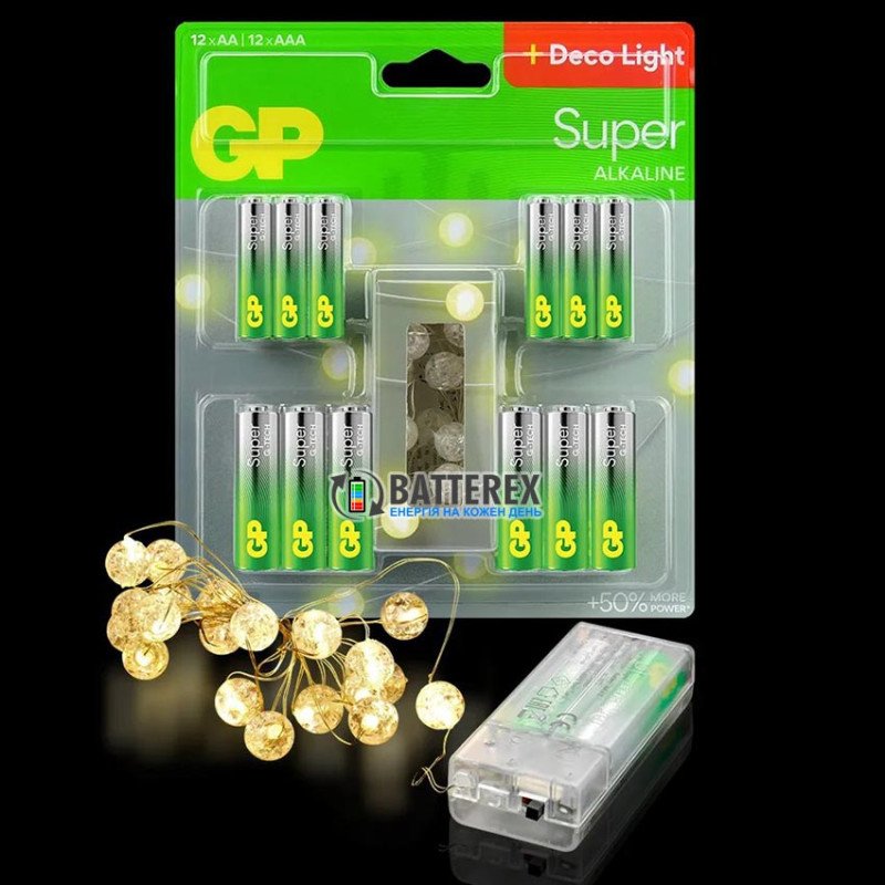 Новогодний набор из 24х щелочных батареек GP Super Alkaline G-TECH 12xAA LR6 + 12xAAA LR03 + LED-гирлянда 2м в блистерной упаковке