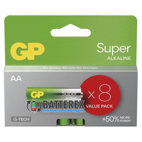 Батарейки щелочные AA GP Super Alkaline G-TECH LR6 1.5V, эко-блистер 8 шт.