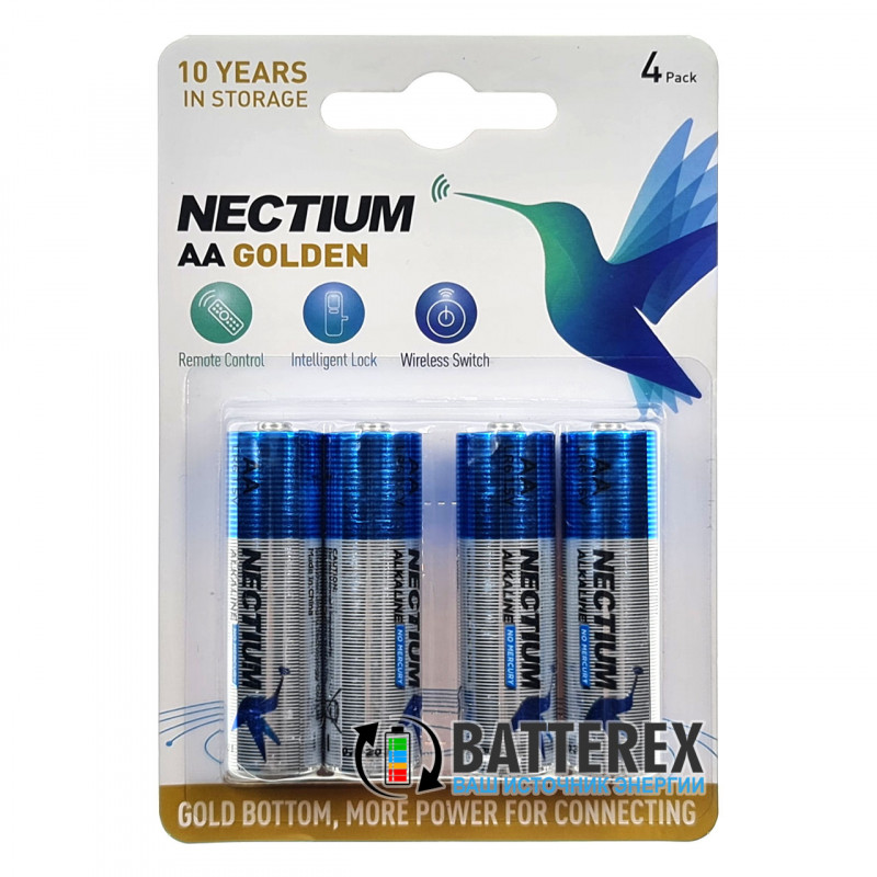 Лужні батарейки AA Nectium Golden LR6 1.5V із позолоченим контактом мінус, блістер 4 шт.