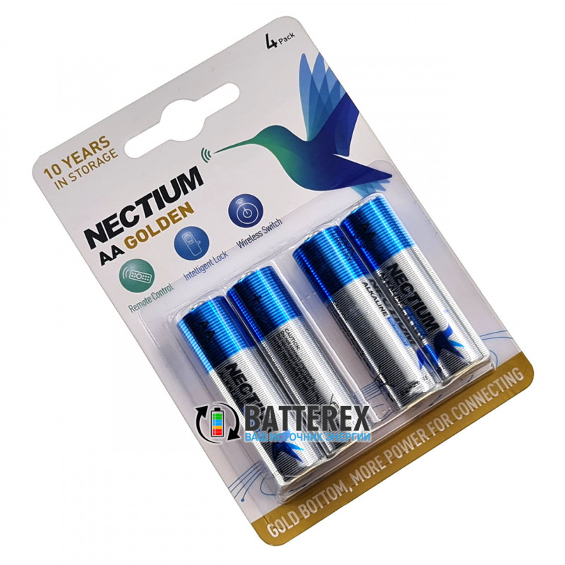 Лужні батарейки AA Nectium Golden LR6 1.5V із позолоченим контактом мінус, блістер 4 шт.