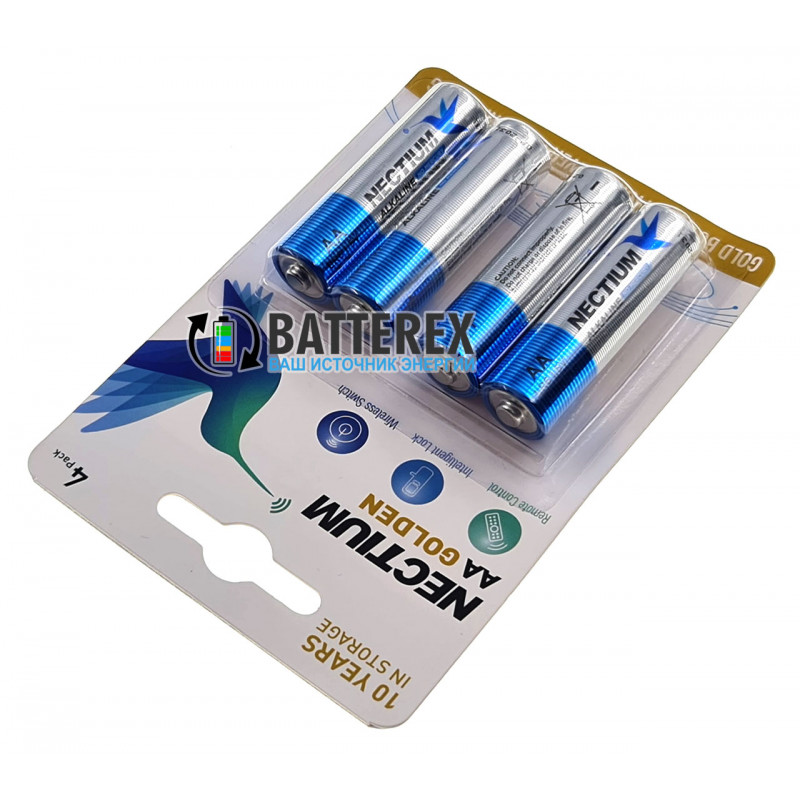 Лужні батарейки AA Nectium Golden LR6 1.5V із позолоченим контактом мінус, блістер 4 шт.