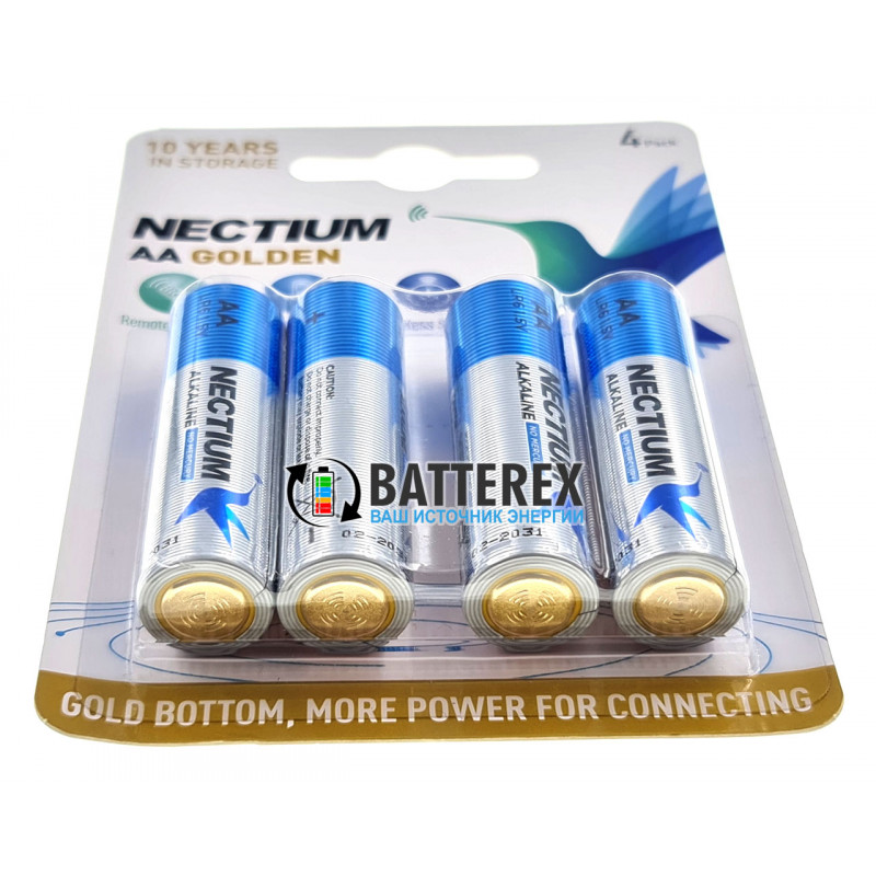 Лужні батарейки AA Nectium Golden LR6 1.5V із позолоченим контактом мінус, блістер 4 шт.