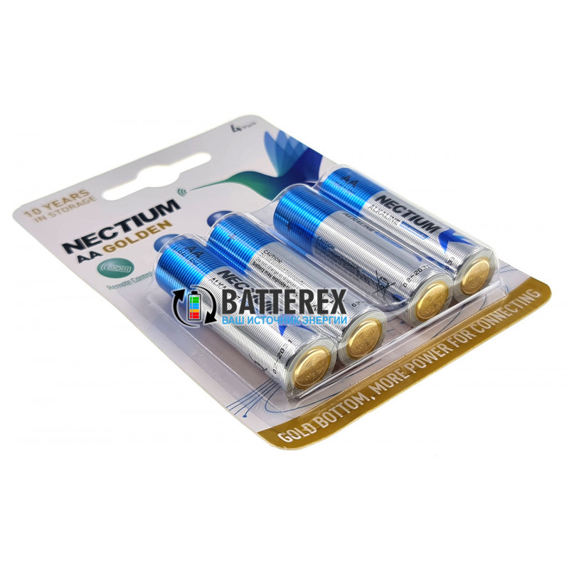 Лужні батарейки AA Nectium Golden LR6 1.5V із позолоченим контактом мінус, блістер 4 шт.