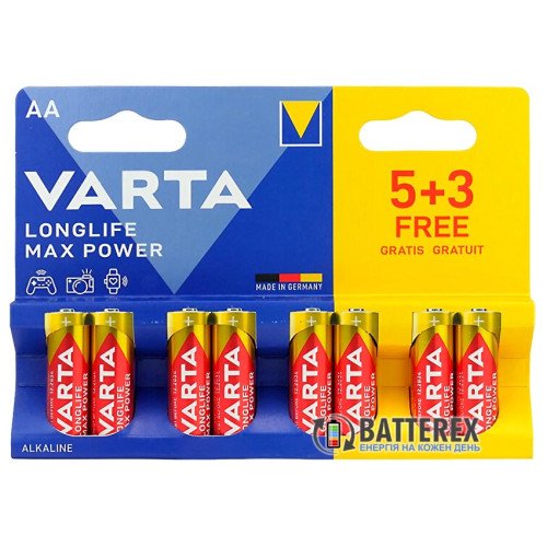Батарейки щелочные АА Varta Longlife MAX Power Alkaline LR6 1.5V, блистер 8 шт., оригинал Германия