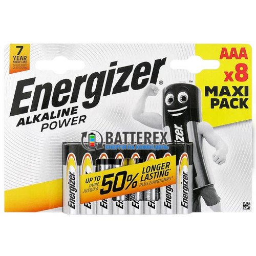 Батарейки щелочные AAA Energizer Alkaline Power E92 LR03 1.5V, упаковка 8 шт., оригинал