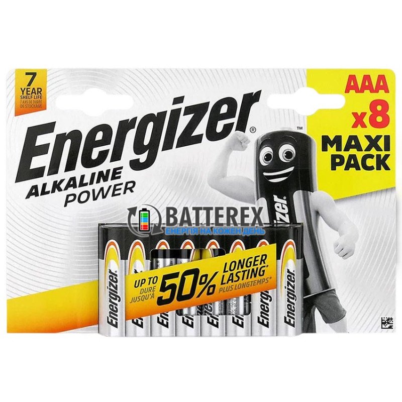 Щелочные батарейки AAA Energizer Alkaline Power E92 LR03 1.5V упаковка 8 шт