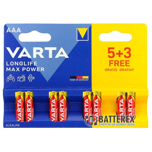 Батарейки щелочные AAA Varta Longlife MAX Power Alkaline LR03 1.5V, блистер 8 шт., оригинал Германия