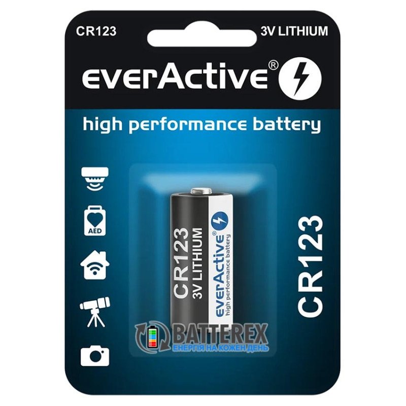 Батарейка літієва CR123A Everactive Lithium 3V 1500mah, упаковка 1 шт. в картонному блістері
