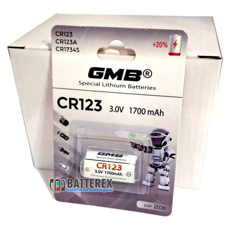 Батарейка литиевая CR123A GMB Lithium 3V 1700mah, упаковка 1 шт. в картонном блистере