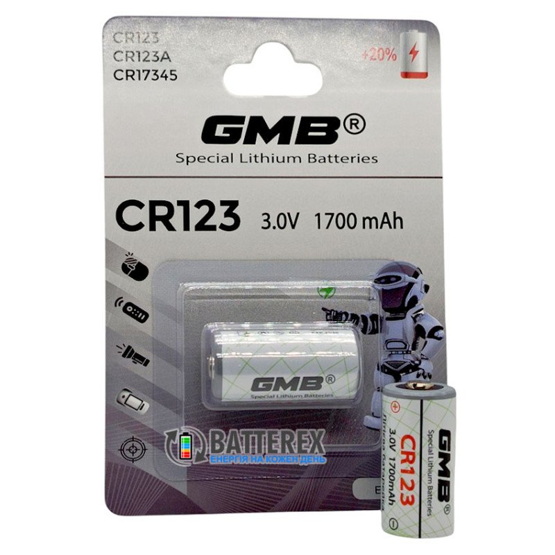 Батарейка литиевая CR123A GMB Lithium 3V 1700mah, упаковка 1 шт. в картонном блистере