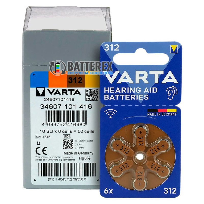 Батарейки слуховые Varta 312, упаковка 6 шт. в револьверном блистере
