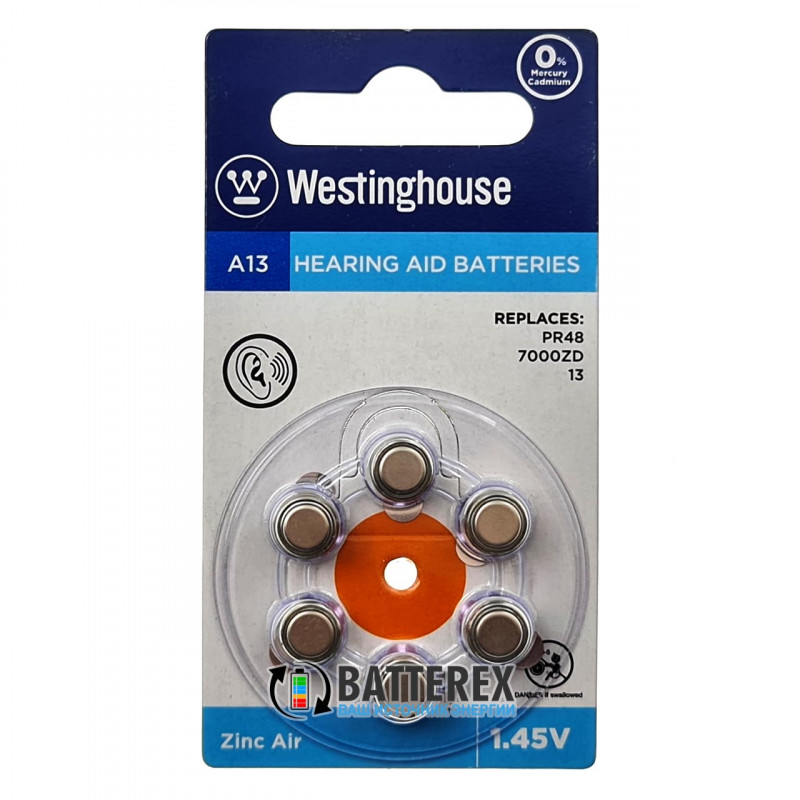 Батарейка для слухових апаратів A13 Westinghouse Zinc Air 1.45V поворотний блістер 6 штук