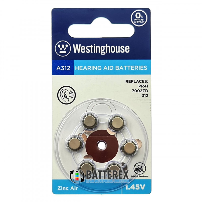 Батарейки для слухових апаратів Westinghouse Zinc Air A312, 312, PR41, 7002ZD 1,45V поворотний блістер 6 штук