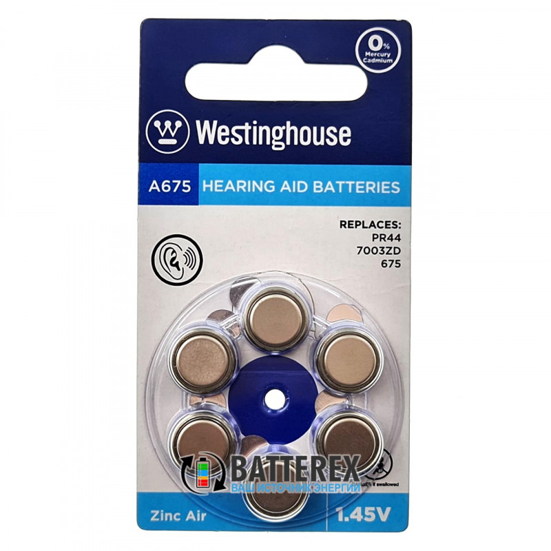 Батарейки A675 Westinghouse Zinc Air 1.45V для слуховых аппаратов - 6 шт. в блистере