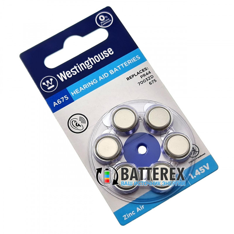 Батарейки A675 Westinghouse Zinc Air 1.45V для слуховых аппаратов - 6 шт. в блистере