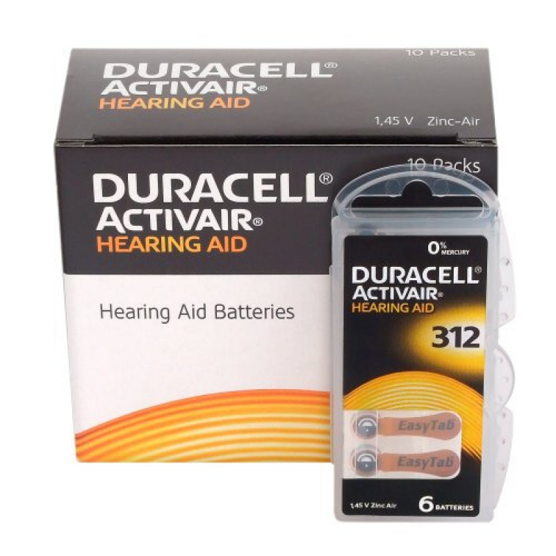 Батарейки слуховые Duracell Activair 312 PR41 для слуховых аппаратов - 6 шт. в блистере