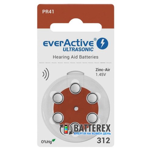 Батарейки Everactive Ultrasonic 312 PR41 для слухового аппарата, упаковка 6 шт. (цена за упаковку)