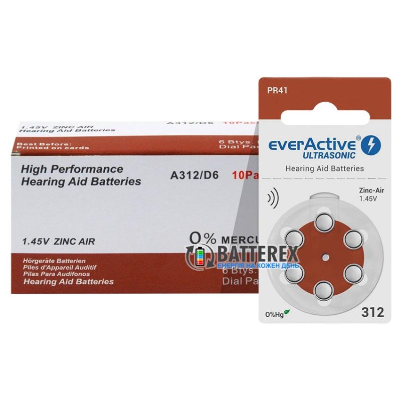 Батарейки слуховые Everactive Ultrasonic 312, упаковка 6 шт. в револьверном блистере