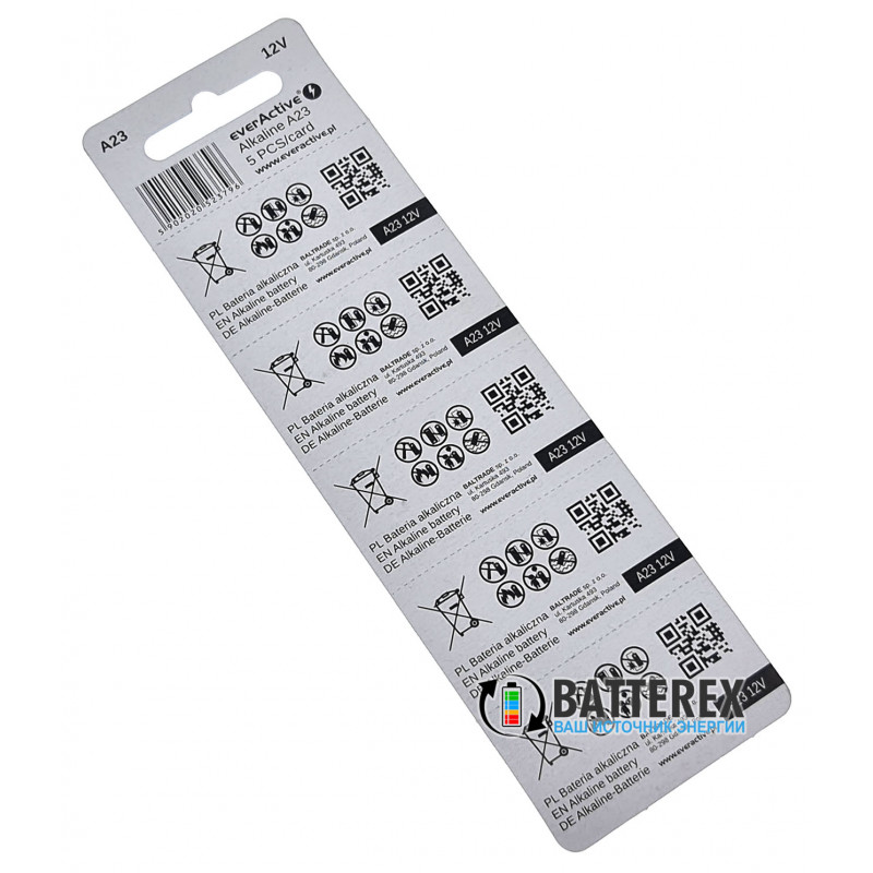 Батарейка А23 Everactive Alkaline 12V (12 вольт) - типоразмеры LRV08, LR23A, А21, 1811A, цена за 1 батарейку