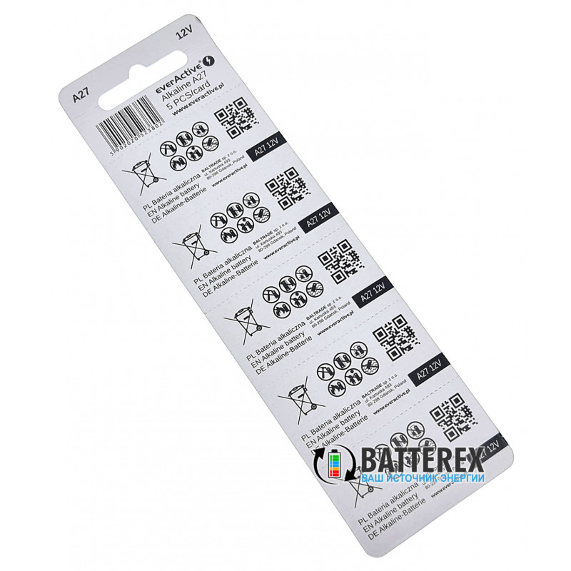 Батарейка A27 Everactive Alkaline 12V (12 вольт) - типоразмеры 27A, CA27, L828, MN27