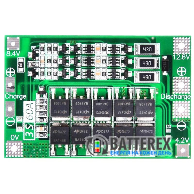 Плата BMS 3S 60A з балансуванням для 3х акумуляторів 18650