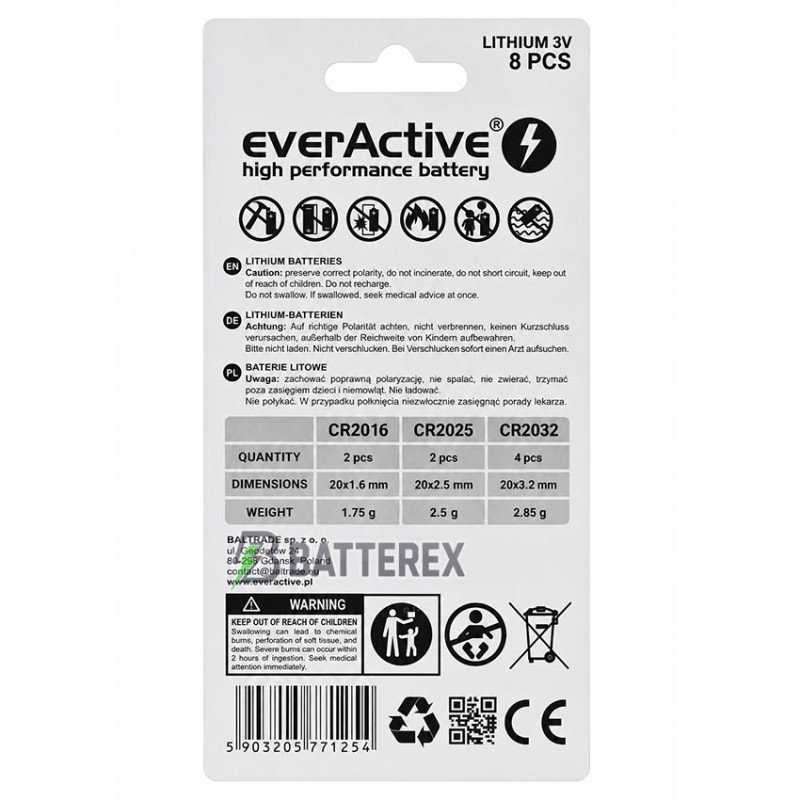 Набір батарейок 2xCR2016 2xCR2025 4xCR2032 Everactive Lithium Battery 3V, упаковка в блістері
