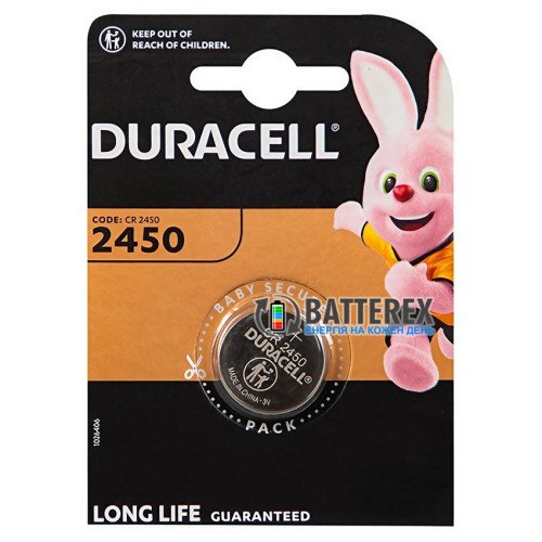 Батарейка CR2450 Duracell Lithium 3V, высокая ёмкость 620mAh, упаковка 1 шт. в блистере