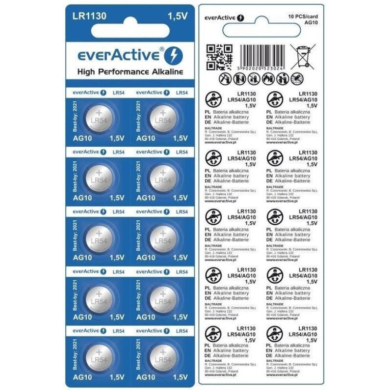Щелочная Alkaline батарейка LR54 Everactive 1.5V (AG10 LR1130), поштучно от 1 шт., цена за 1 шт.