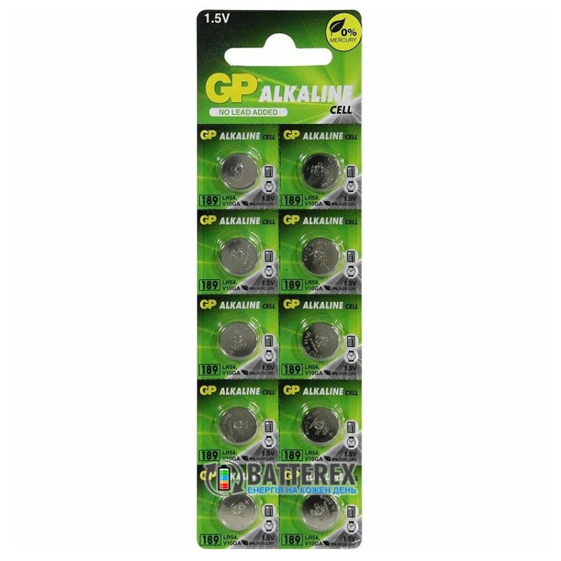 Батарейки - таблетки LR54 LR1130 AG10 GP 189F-2C10 Alkaline 1.5V лужні, ціна за упаковку 10 шт.