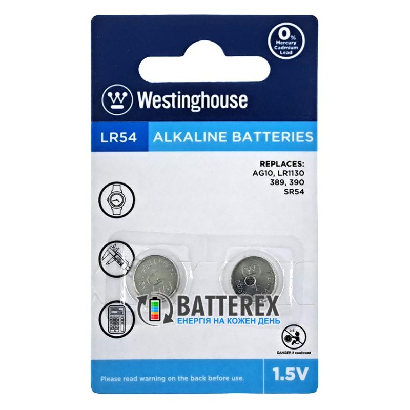 Лужна батарейка LR54 LR1130 Westinghouse Alkaline 1.5V (AG10 389 390 SR54), упаковка 2 шт в блістері - ціна за упаковку