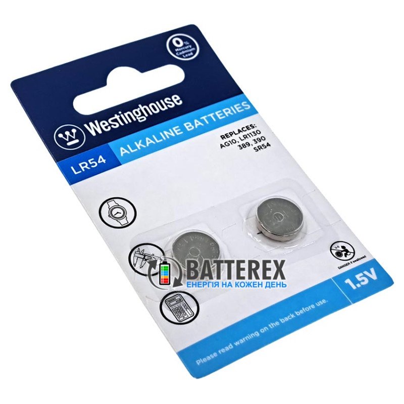 Лужна батарейка LR54 LR1130 Westinghouse Alkaline 1.5V (AG10 389 390 SR54), упаковка 2 шт в блістері - ціна за упаковку