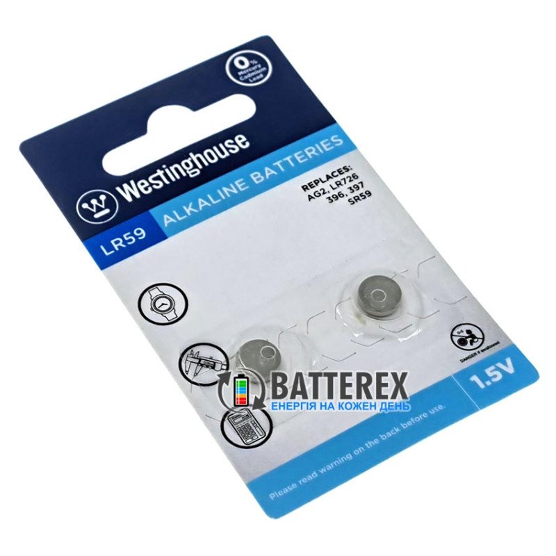 Лужна батарейка LR59 LR726 Westinghouse Alkaline 1.5V (AG2 396 397 SR59), упаковка 2 шт в блістері - ціна за упаковку